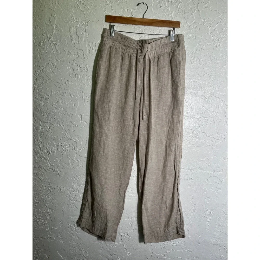 Quince Womens 100% European Linen Wide Leg Pants Oatmeal Beige Large Drawstring